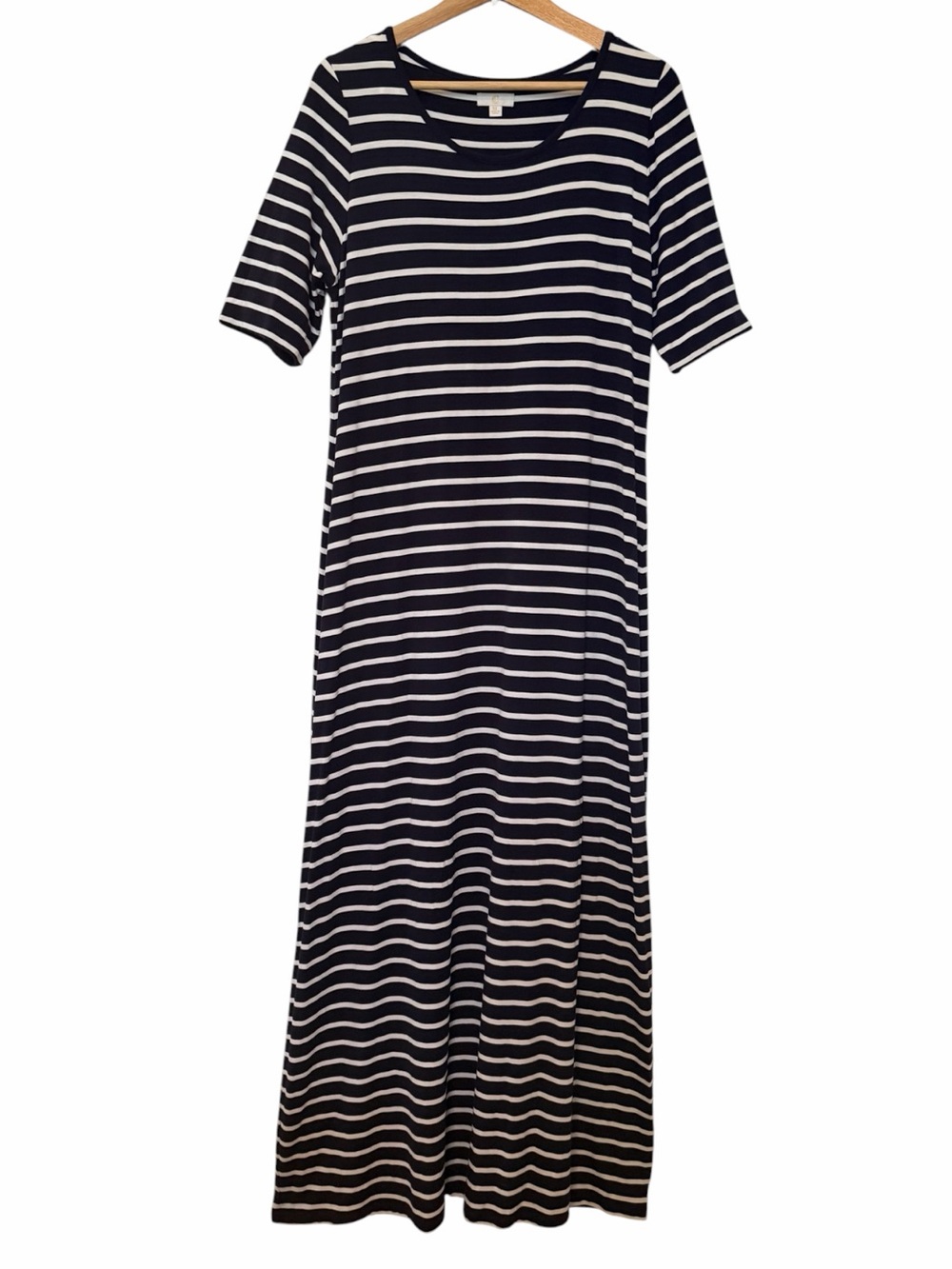 C Label Maxi Dress XL Navy White Striped Viscose Short Slv Round Neck Stretchy